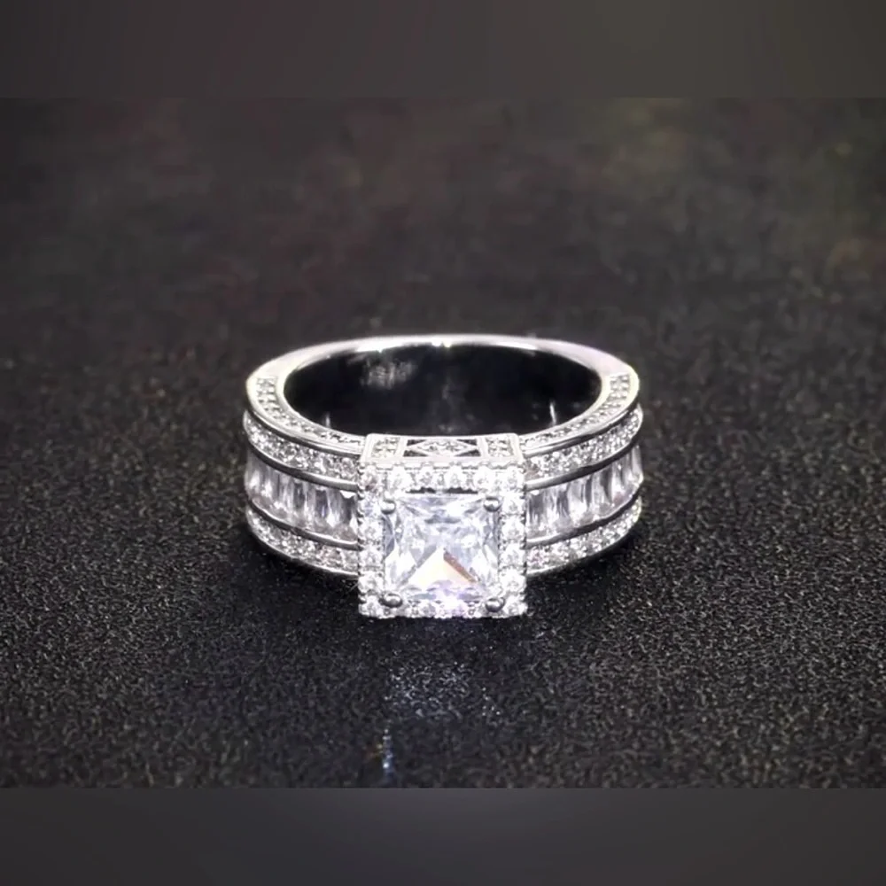Diamond Zircon Ring with 4 Prong Halo setting, New, Size 6